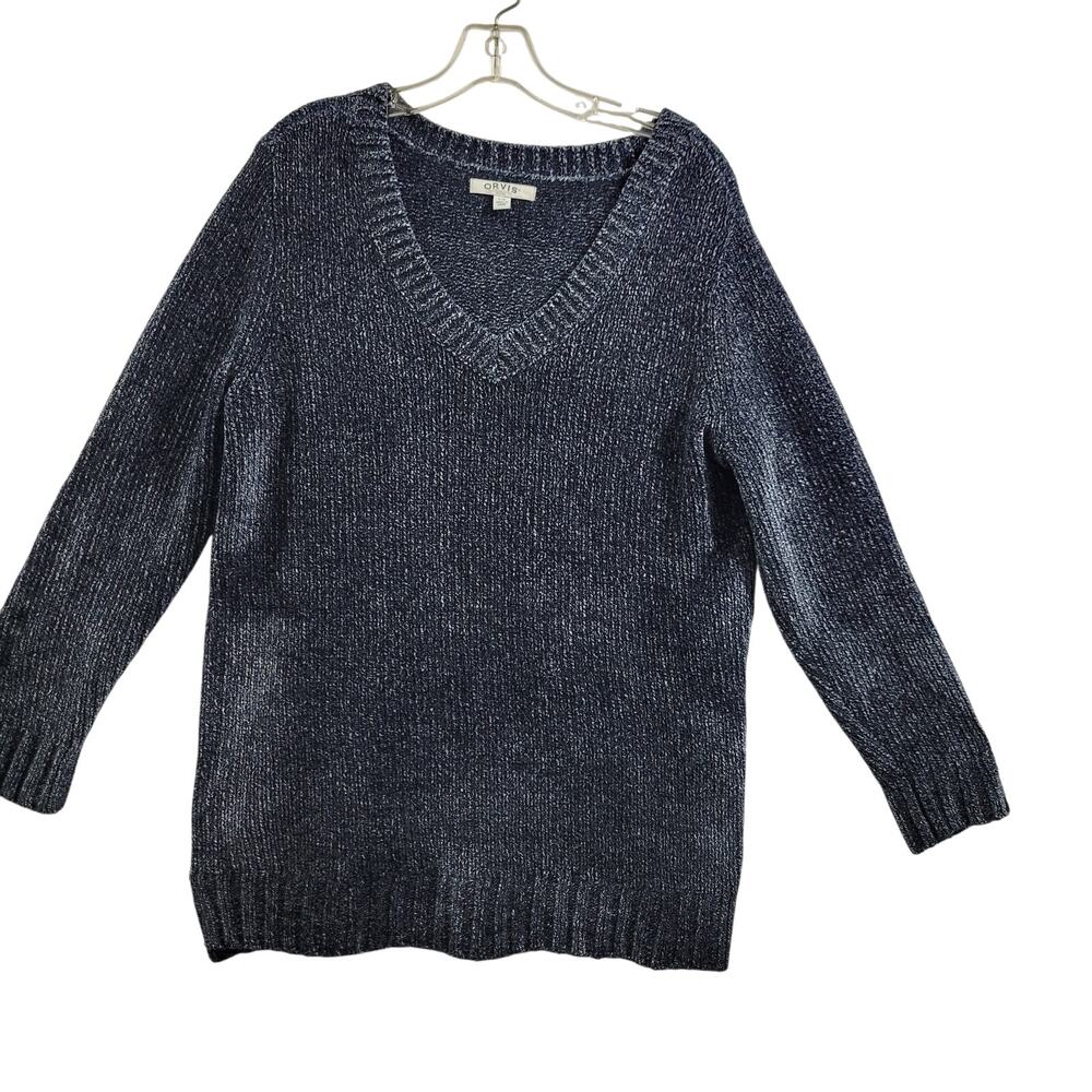 Orvis Women's Blue/Gray Loose Knit V Neck Soft Sweater Size L 21724-0675